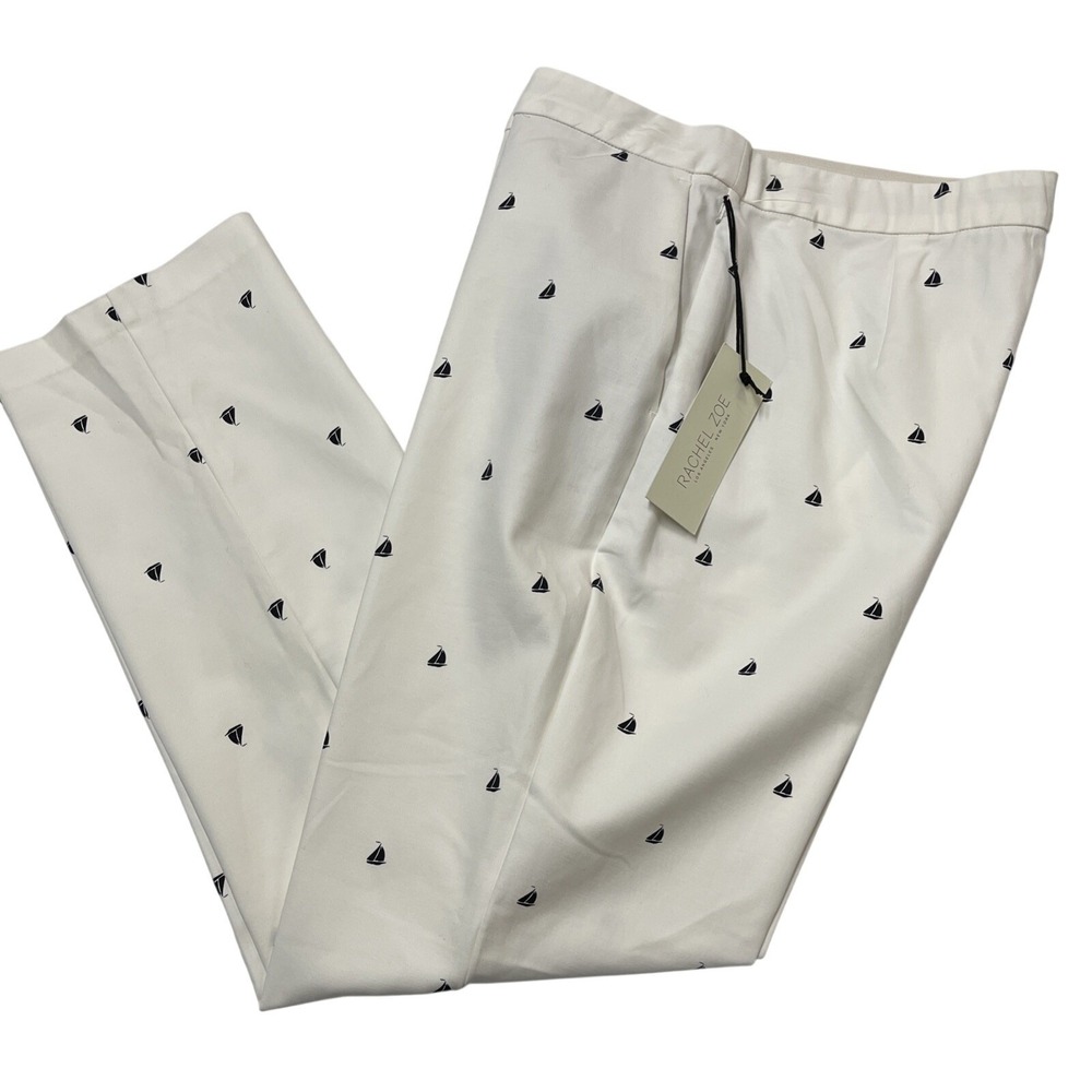 Rachel Zoe Pants White Blue Sailboat Print Size 10 Pull On‎ Vacation Nautical